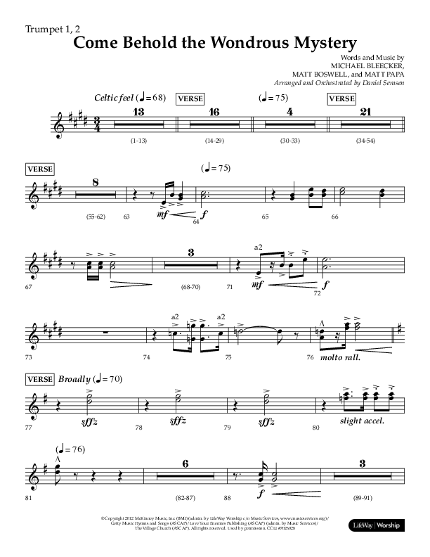 Come Behold The Wondrous Mystery (Choral Anthem SATB) Trumpet 1,2 (Arr. Daniel Semsen / Lifeway Choral)