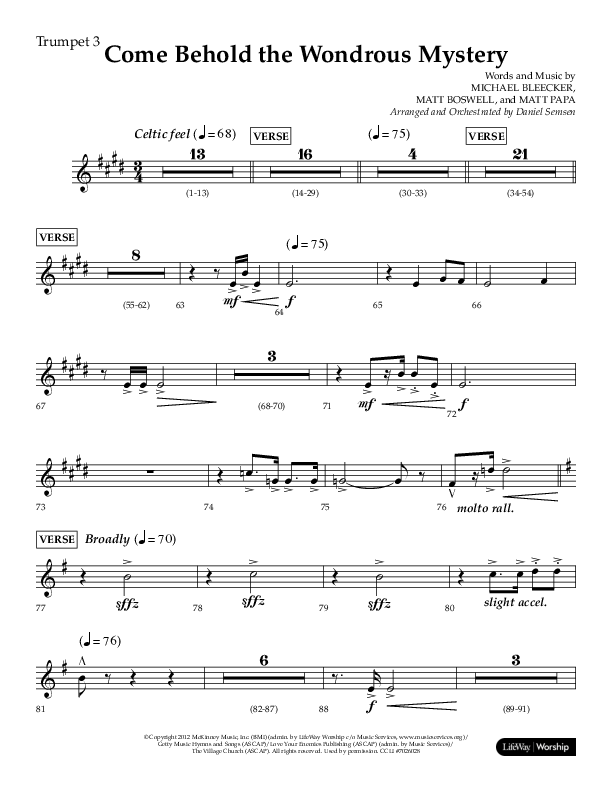 Come Behold The Wondrous Mystery (Choral Anthem SATB) Trumpet 3 (Arr. Daniel Semsen / Lifeway Choral)