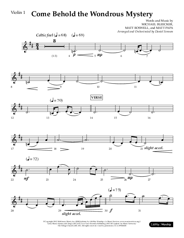 Come Behold The Wondrous Mystery (Choral Anthem SATB) Violin 1 (Arr. Daniel Semsen / Lifeway Choral)