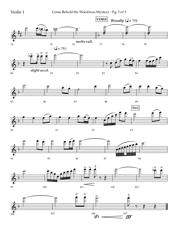 Come Behold The Wondrous Mystery (Choral Anthem SATB) Violin 1 (Arr. Daniel Semsen / Lifeway Choral)