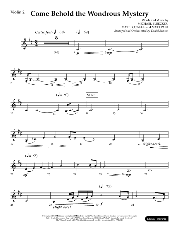 Come Behold The Wondrous Mystery (Choral Anthem SATB) Violin 2 (Arr. Daniel Semsen / Lifeway Choral)