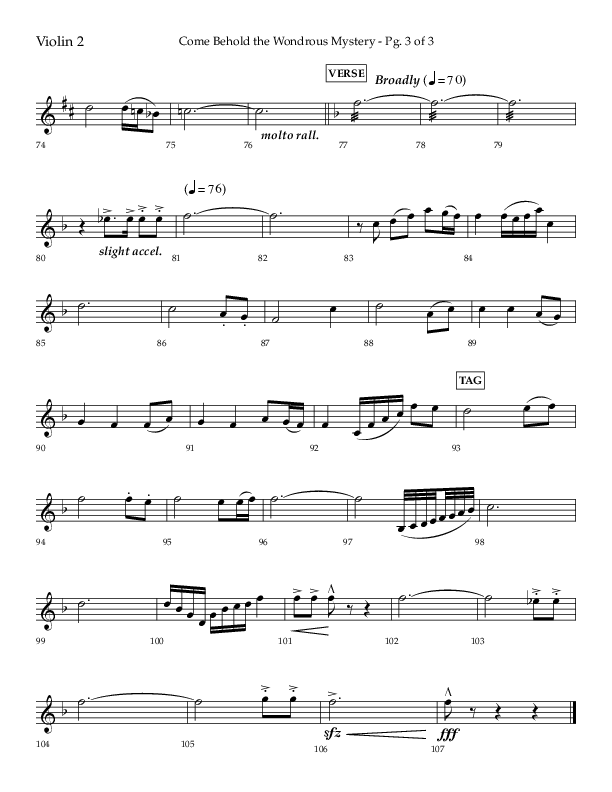 Come Behold The Wondrous Mystery (Choral Anthem SATB) Violin 2 (Arr. Daniel Semsen / Lifeway Choral)