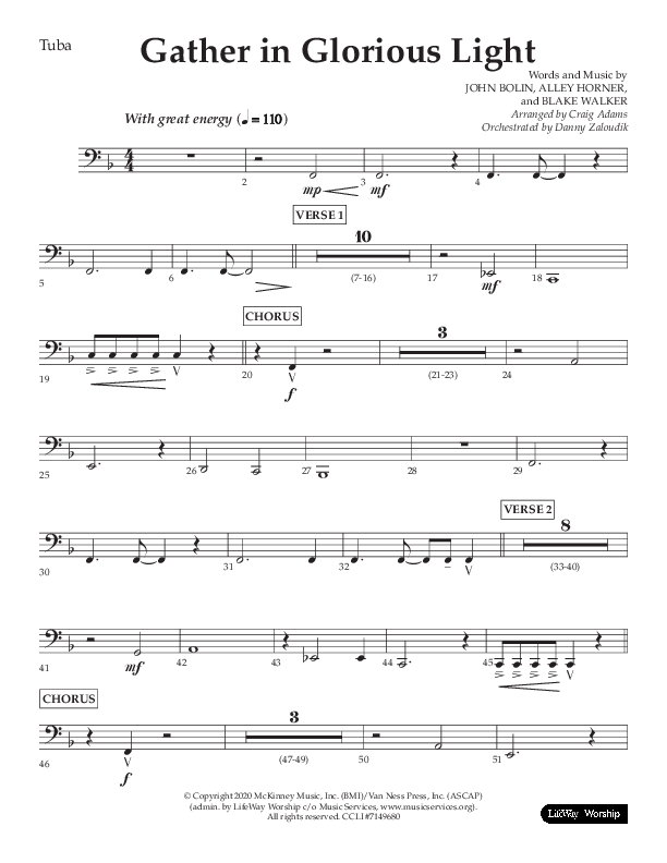 Gather In Glorious Light (Choral Anthem SATB) Tuba (Arr. Craig Adams / Lifeway Choral)