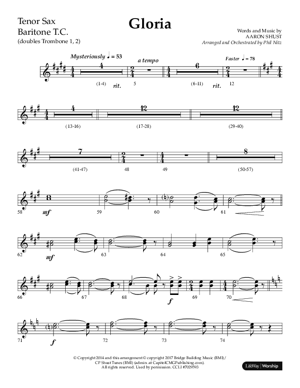 Gloria (Choral Anthem SATB) Tenor Sax/Baritone T.C. (Arr. Phil Nitz / Lifeway Choral)