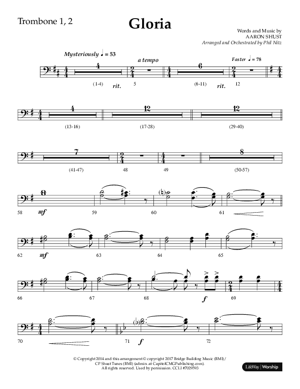 Gloria (Choral Anthem SATB) Trombone 1/2 (Arr. Phil Nitz / Lifeway Choral)