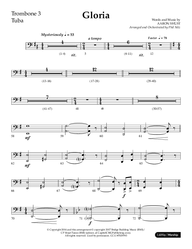 Gloria (Choral Anthem SATB) Trombone 3/Tuba (Arr. Phil Nitz / Lifeway Choral)