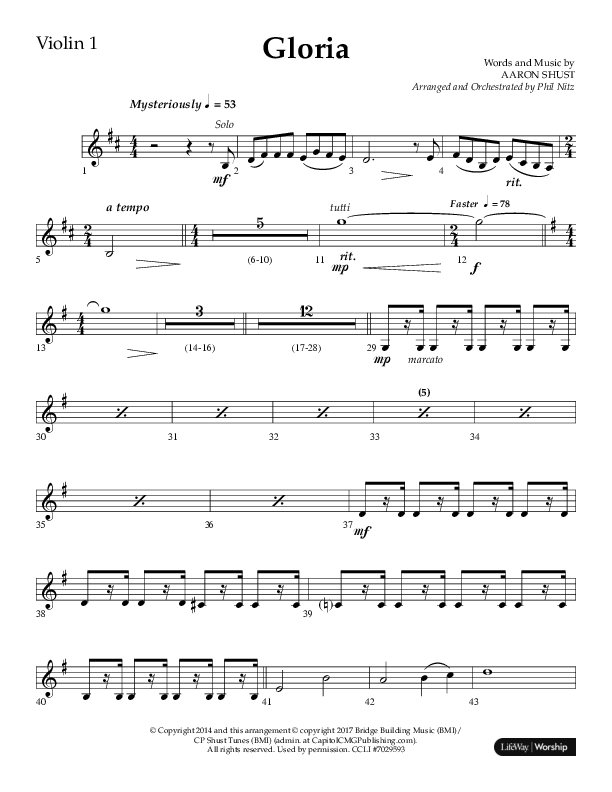 Gloria (Choral Anthem SATB) Violin 1 (Arr. Phil Nitz / Lifeway Choral)