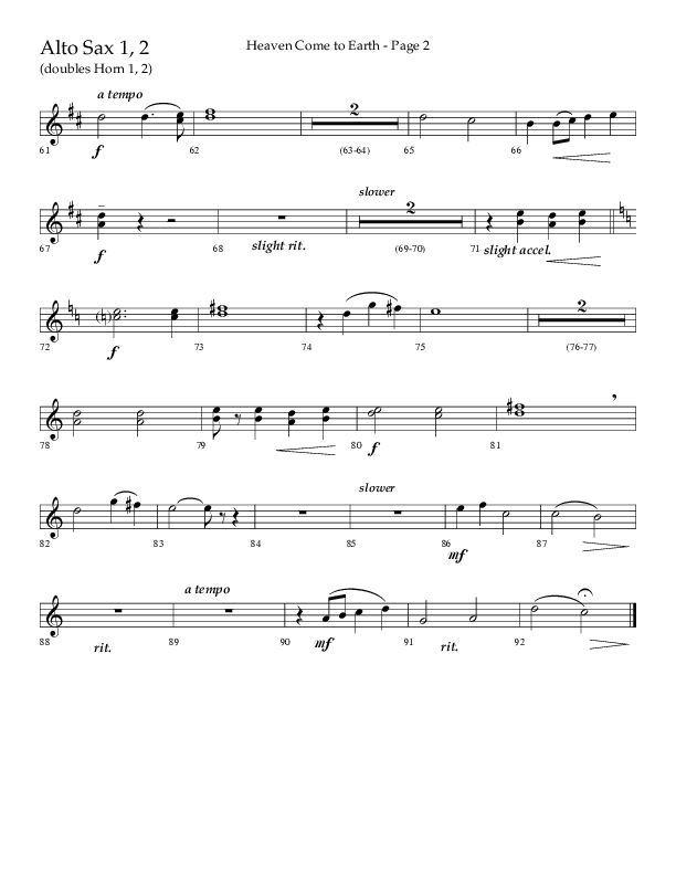 Heaven Come To Earth (Choral Anthem SATB) Alto Sax 1/2 (Lifeway Choral / Arr. Dick Tunney)