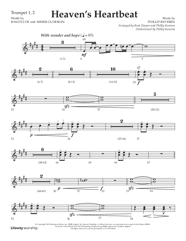 Heaven's Heartbeat (Choral Anthem SATB) Trumpet 1,2 (Lifeway Choral / Arr. Kent Hooper / Arr. Phillip Keveren)