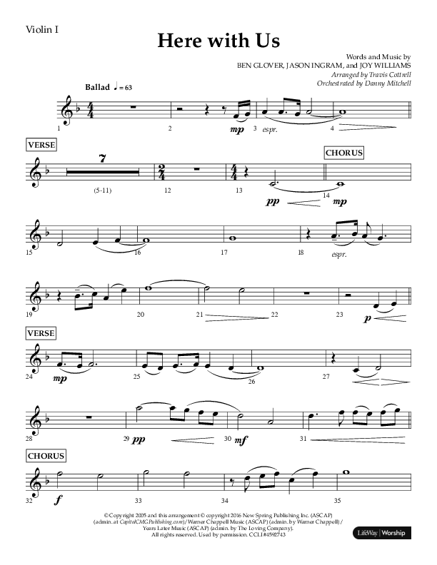 Here With Us (Choral Anthem SATB) Violin 1 (Lifeway Choral / Arr. Travis Cottrell)