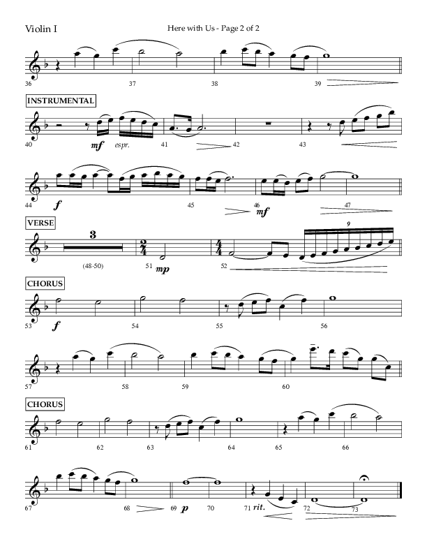Here With Us (Choral Anthem SATB) Violin 1 (Lifeway Choral / Arr. Travis Cottrell)