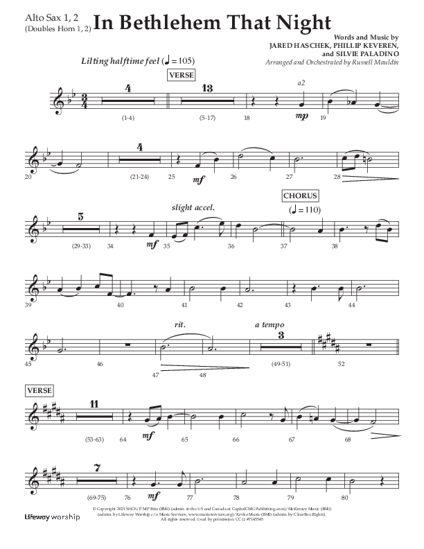 In Bethlehem That Night (Choral Anthem SATB) Alto Sax 1/2 (Arr. Russell Mauldin / Lifeway Choral)