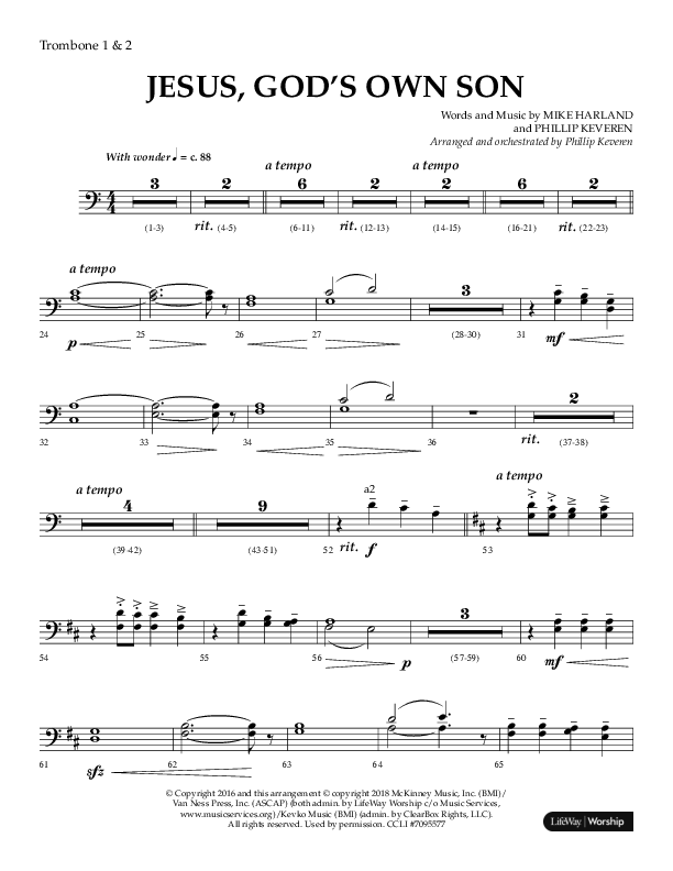 Jesus God's Own Son (Choral Anthem SATB) Trombone 1/2 (Arr. Phillip Keveren / Lifeway Choral)