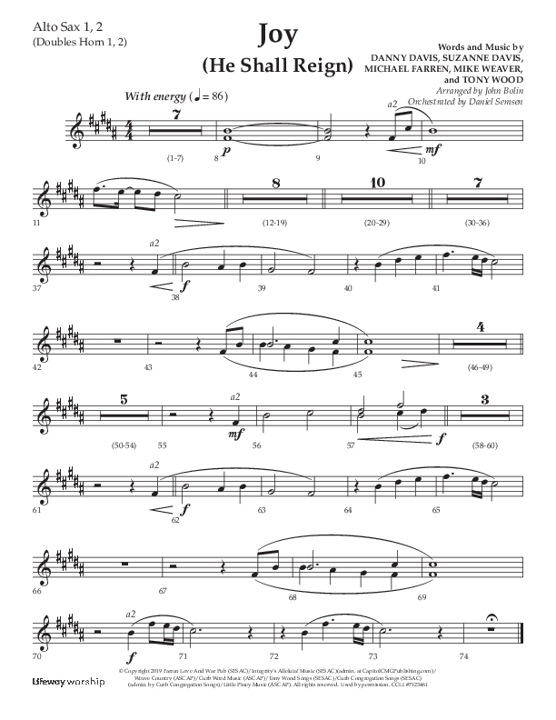 Joy (He Shall Reign) (Choral Anthem SATB) Alto Sax 1/2 (Arr. John Bolin / Lifeway Choral)