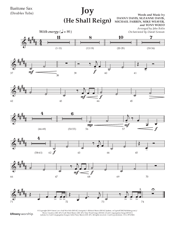 Joy (He Shall Reign) (Choral Anthem SATB) Bari Sax (Arr. John Bolin / Lifeway Choral)