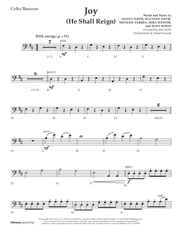 Joy (He Shall Reign) (Choral Anthem SATB) Cello (Arr. John Bolin / Lifeway Choral)