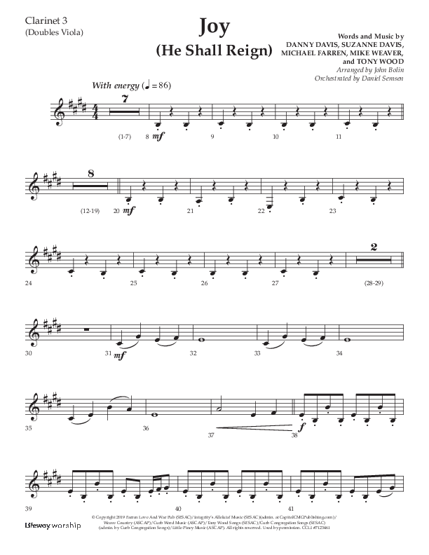 Joy (He Shall Reign) (Choral Anthem SATB) Clarinet 3 (Arr. John Bolin / Lifeway Choral)