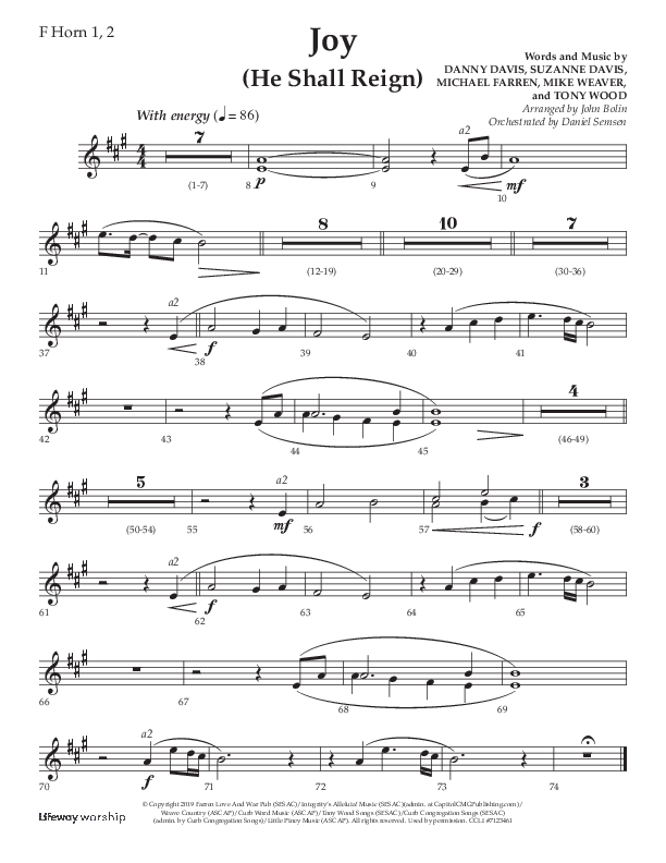 Joy (He Shall Reign) (Choral Anthem SATB) French Horn 1/2 (Arr. John Bolin / Lifeway Choral)