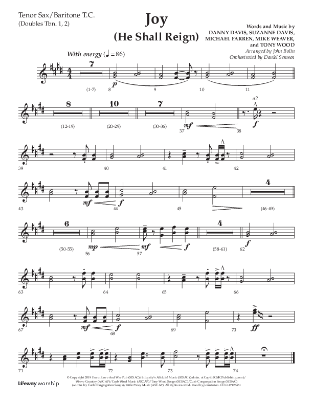 Joy (He Shall Reign) (Choral Anthem SATB) Tenor Sax/Baritone T.C. (Arr. John Bolin / Lifeway Choral)