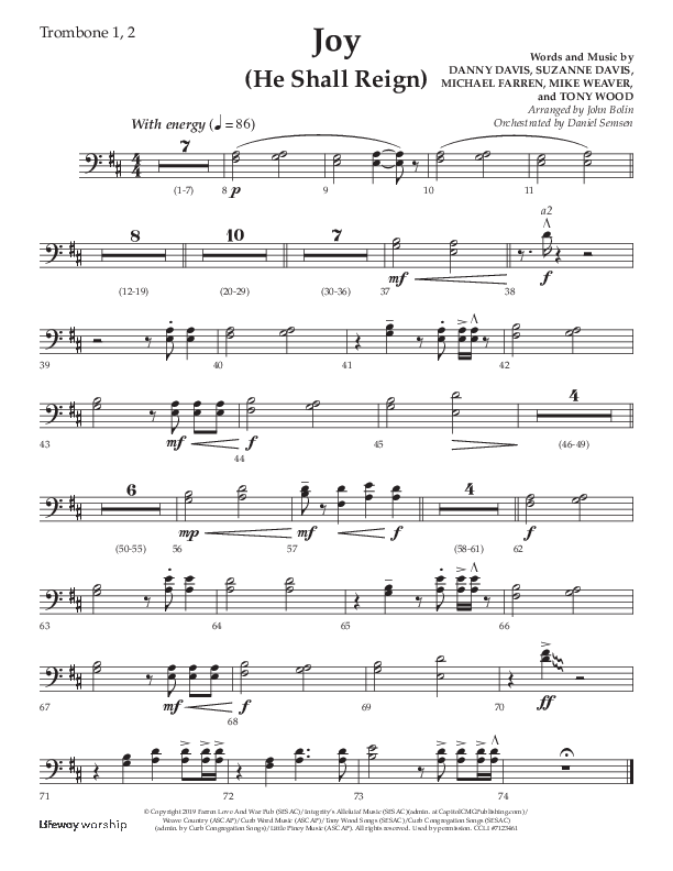 Joy (He Shall Reign) (Choral Anthem SATB) Trombone 1/2 (Arr. John Bolin / Lifeway Choral)
