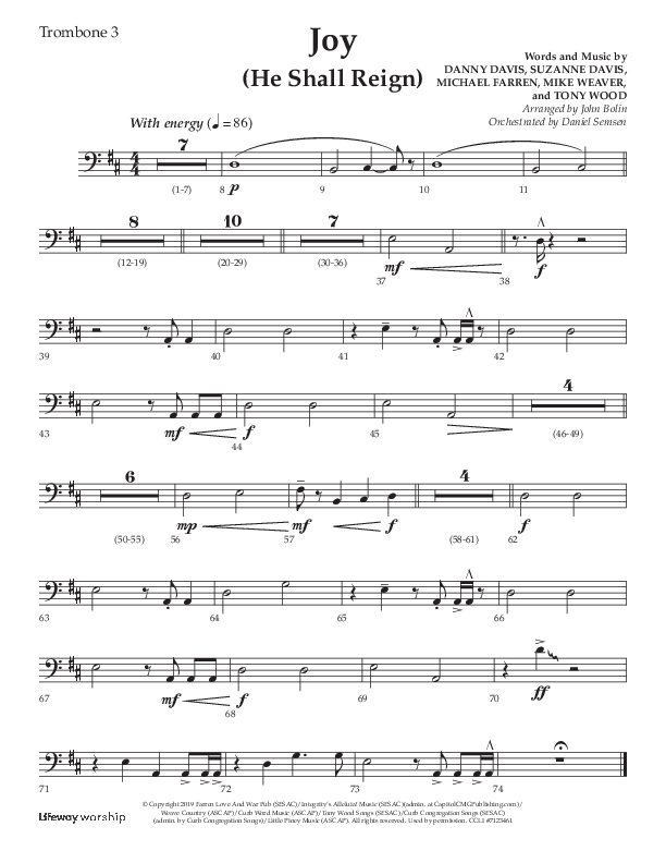 Joy (He Shall Reign) (Choral Anthem SATB) Trombone 3 (Arr. John Bolin / Lifeway Choral)