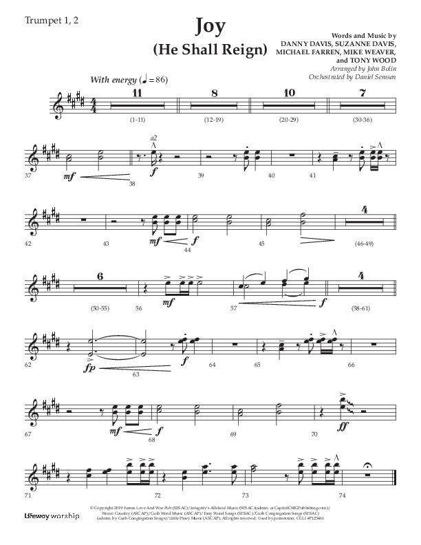 Joy (He Shall Reign) (Choral Anthem SATB) Trumpet 1,2 (Arr. John Bolin / Lifeway Choral)
