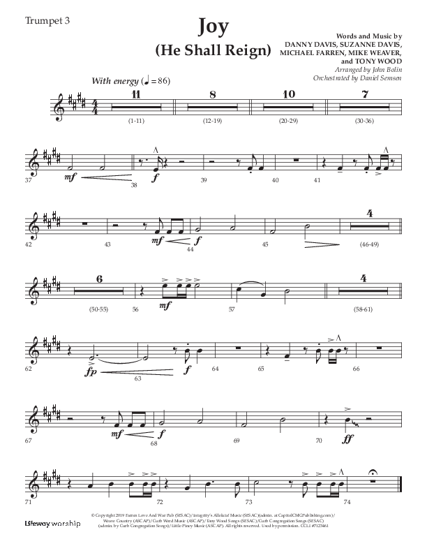 Joy (He Shall Reign) (Choral Anthem SATB) Trumpet 3 (Arr. John Bolin / Lifeway Choral)