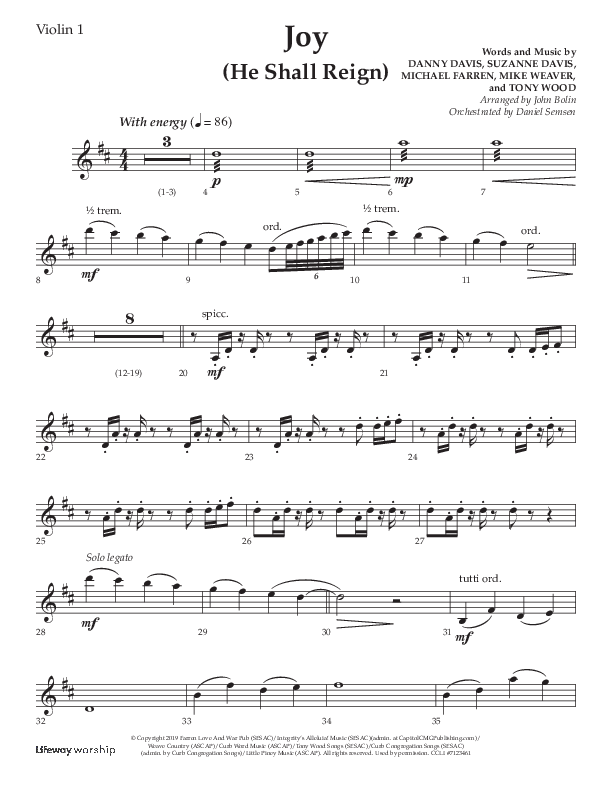 Joy (He Shall Reign) (Choral Anthem SATB) Violin 1 (Arr. John Bolin / Lifeway Choral)