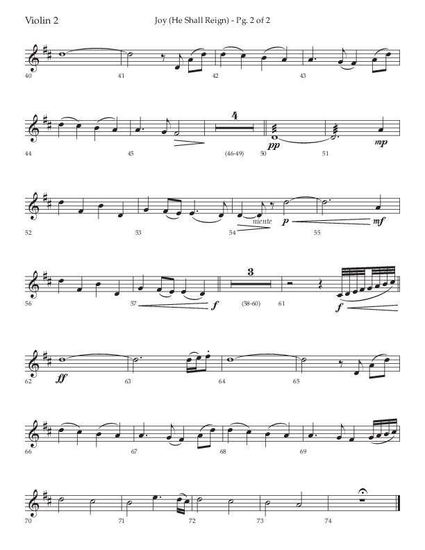 Joy (He Shall Reign) (Choral Anthem SATB) Violin 2 (Arr. John Bolin / Lifeway Choral)