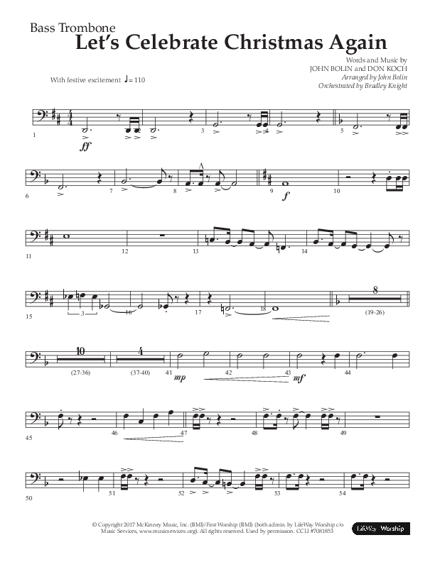 Let's Celebrate Christmas Again (Choral Anthem SATB) Bass Trombone (Arr. John Bolin / Lifeway Choral)