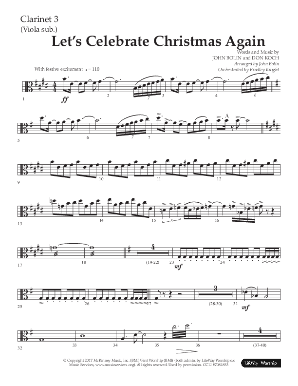 Let's Celebrate Christmas Again (Choral Anthem SATB) Clarinet 3 (Arr. John Bolin / Lifeway Choral)