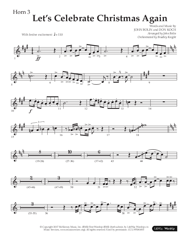 Let's Celebrate Christmas Again (Choral Anthem SATB) French Horn 3 (Arr. John Bolin / Lifeway Choral)