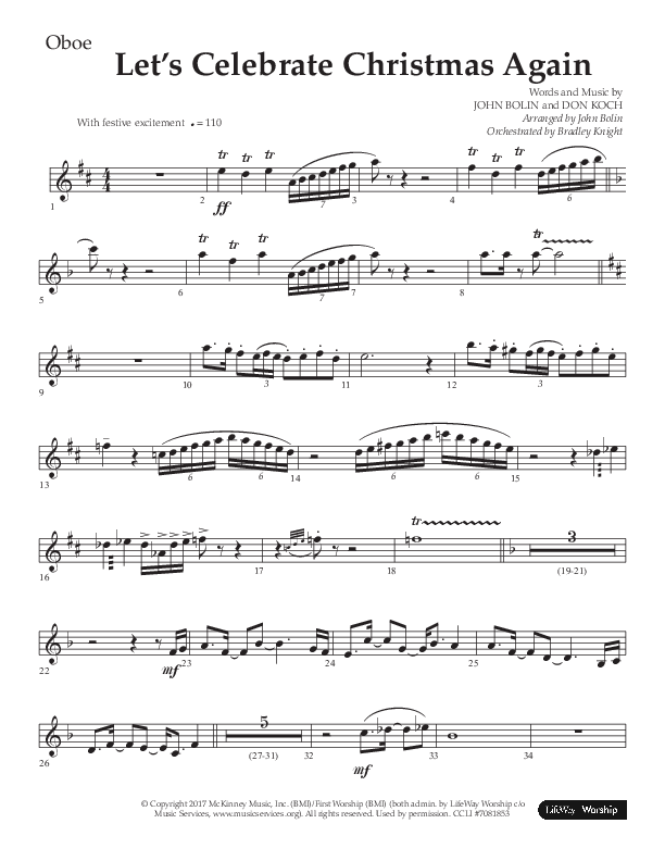 Let's Celebrate Christmas Again (Choral Anthem SATB) Oboe (Arr. John Bolin / Lifeway Choral)