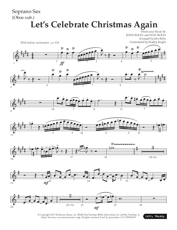 Let's Celebrate Christmas Again (Choral Anthem SATB) Soprano Sax (Arr. John Bolin / Lifeway Choral)