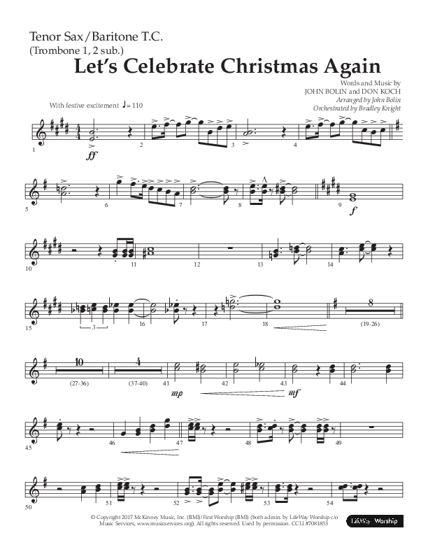 Let's Celebrate Christmas Again (Choral Anthem SATB) Tenor Sax/Baritone T.C. (Arr. John Bolin / Lifeway Choral)