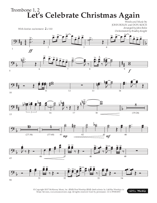 Let's Celebrate Christmas Again (Choral Anthem SATB) Trombone 1/2 (Arr. John Bolin / Lifeway Choral)