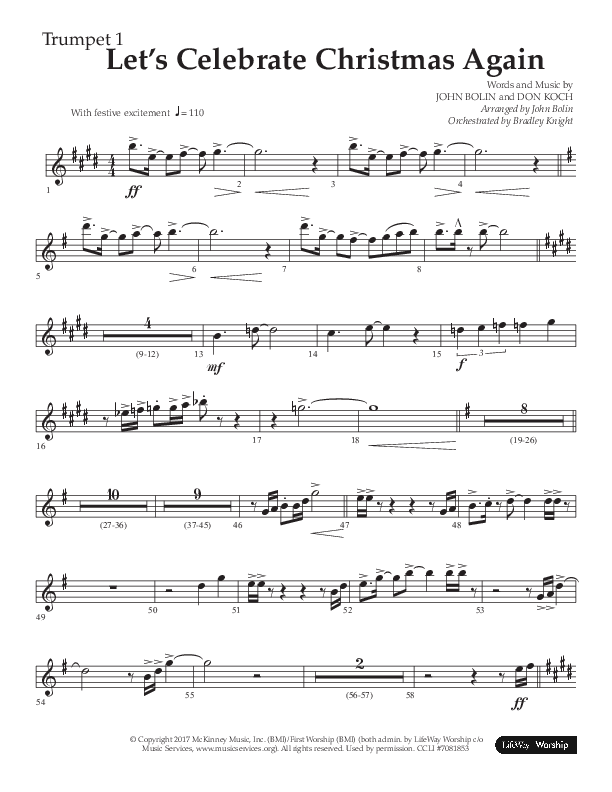 Let's Celebrate Christmas Again (Choral Anthem SATB) Trumpet 1 (Arr. John Bolin / Lifeway Choral)