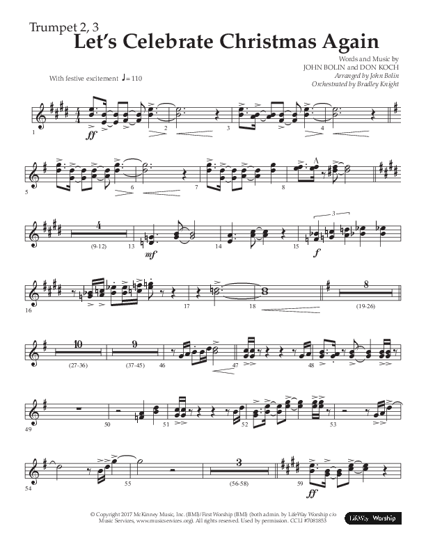 Let's Celebrate Christmas Again (Choral Anthem SATB) Trumpet 2/3 (Arr. John Bolin / Lifeway Choral)
