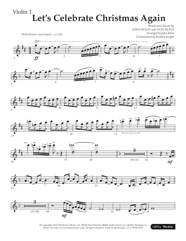 Let's Celebrate Christmas Again (Choral Anthem SATB) Violin 1 (Arr. John Bolin / Lifeway Choral)