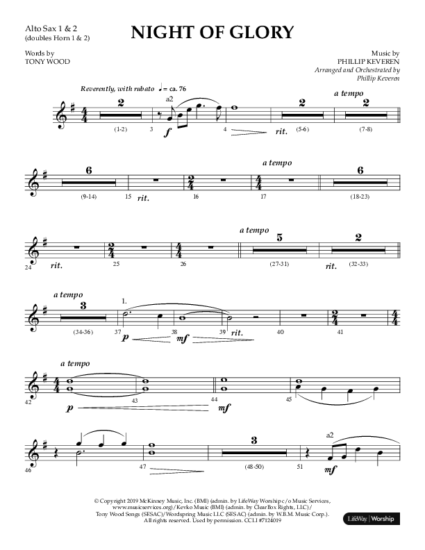 Night of Glory (Choral Anthem SATB) Alto Sax 1/2 (Arr. Phillip Keveren / Lifeway Choral)