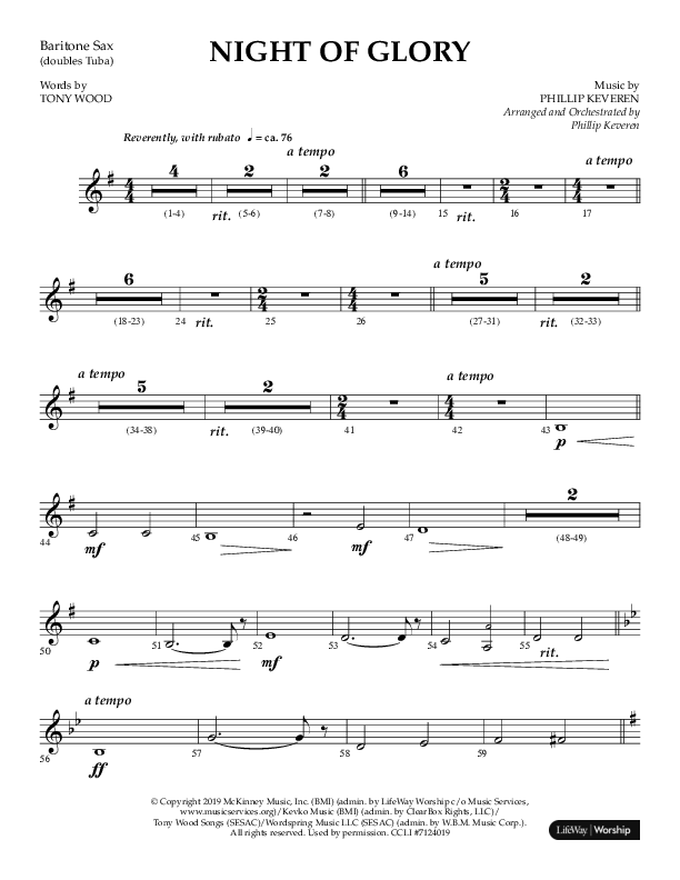 Night of Glory (Choral Anthem SATB) Bari Sax (Arr. Phillip Keveren / Lifeway Choral)