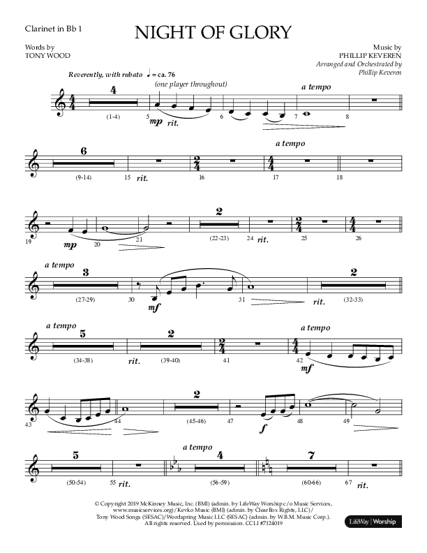 Night of Glory (Choral Anthem SATB) Clarinet 1/2 (Arr. Phillip Keveren / Lifeway Choral)