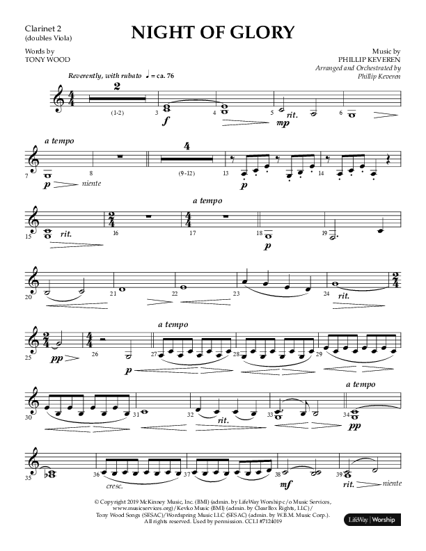 Night of Glory (Choral Anthem SATB) Clarinet 1/2 (Arr. Phillip Keveren / Lifeway Choral)