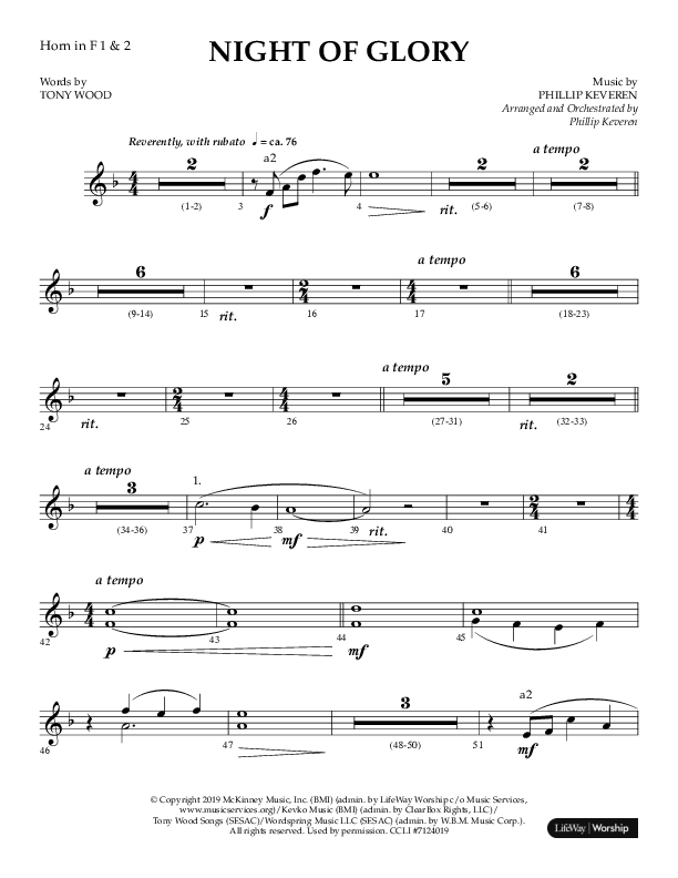 Night of Glory (Choral Anthem SATB) French Horn 1/2 (Arr. Phillip Keveren / Lifeway Choral)