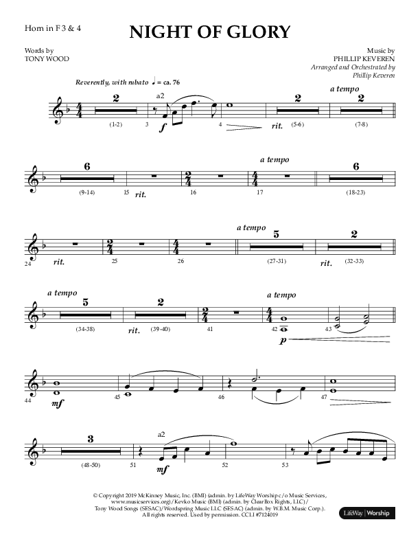 Night of Glory (Choral Anthem SATB) French Horn 3 (Arr. Phillip Keveren / Lifeway Choral)