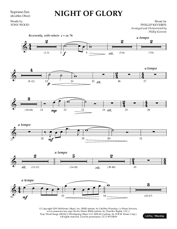 Night of Glory (Choral Anthem SATB) Soprano Sax (Arr. Phillip Keveren / Lifeway Choral)