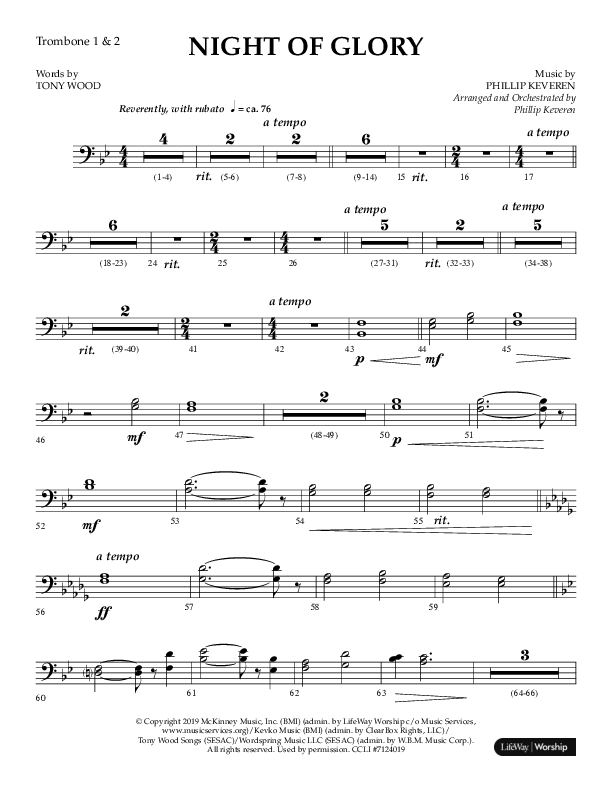 Night of Glory (Choral Anthem SATB) Trombone 1/2 (Arr. Phillip Keveren / Lifeway Choral)