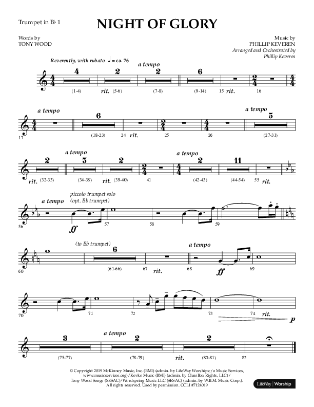 Night of Glory (Choral Anthem SATB) Trumpet 1 (Arr. Phillip Keveren / Lifeway Choral)