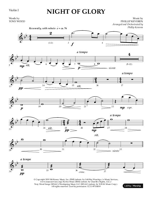 Night of Glory (Choral Anthem SATB) Violin 1 (Arr. Phillip Keveren / Lifeway Choral)