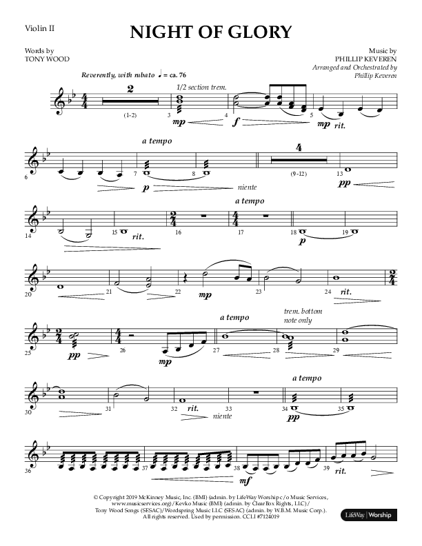Night of Glory (Choral Anthem SATB) Violin 2 (Arr. Phillip Keveren / Lifeway Choral)